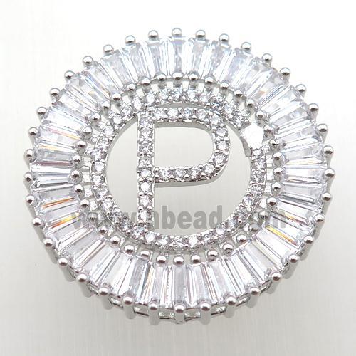 copper letter-P pendant paved zircon, platinum plated