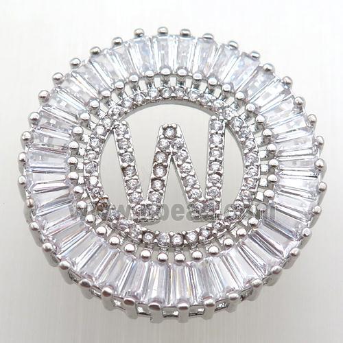 copper letter-W pendant paved zircon, platinum plated