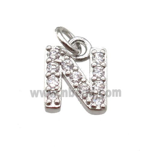 copper letter-N pendant paved zircon, platinum plated