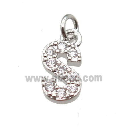 copper letter-S pendant paved zircon, platinum plated