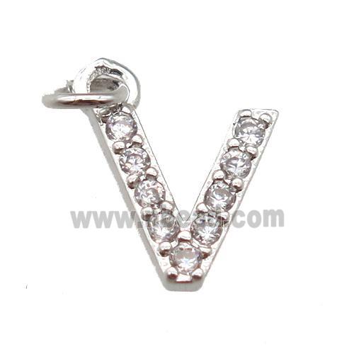 copper letter-V pendant paved zircon, platinum plated