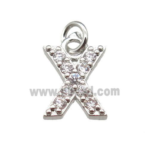 copper letter-X pendant paved zircon, platinum plated