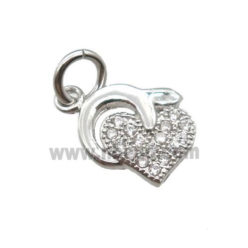 copper heart pendant paved zircon, platinum plated
