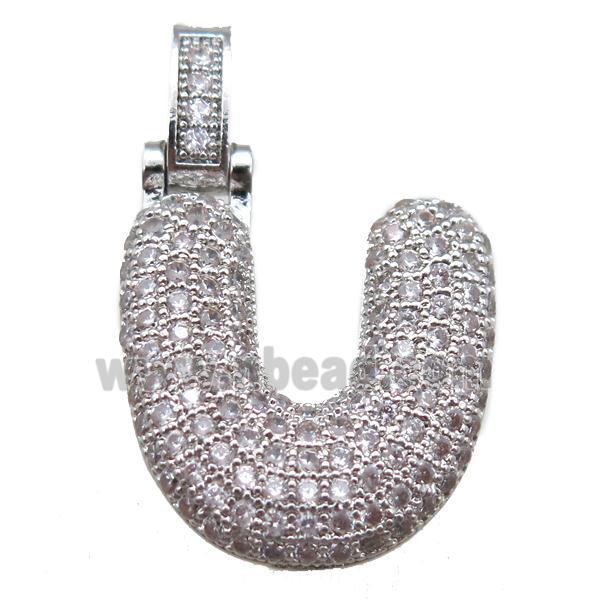 copper letter-U pendant paved zircon, platinum plated