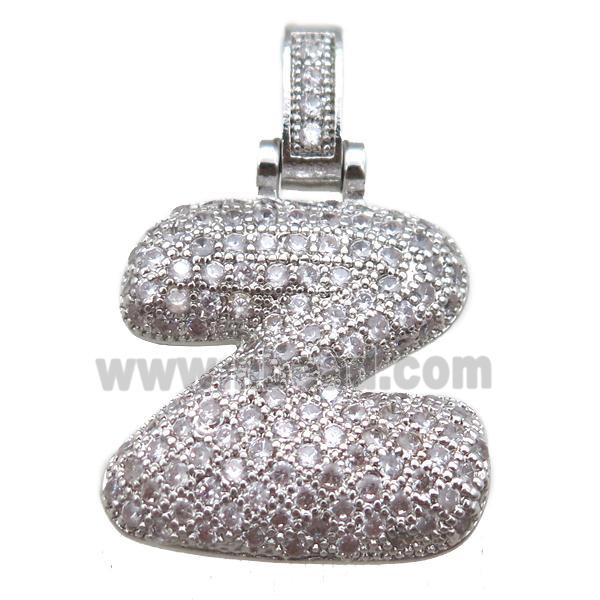 copper letter-Z pendant paved zircon, platinum plated