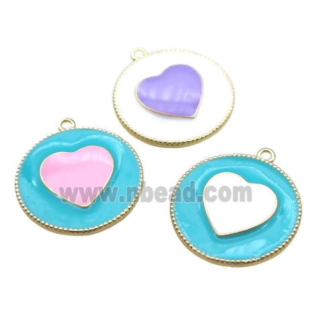 copper heart pendant with enameling, mixed color, gold plated