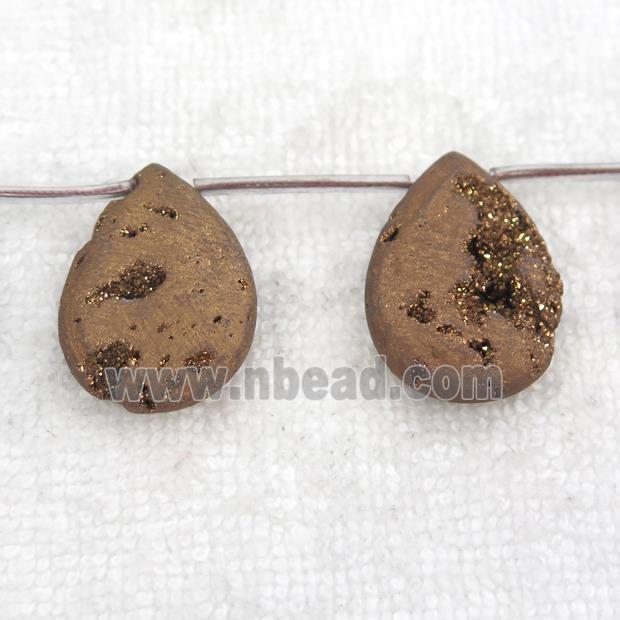 coffee Druzy Agate teardrop beads, topdrilled