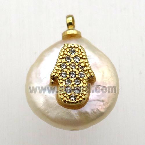 Natural pearl pendant with zircon, hamsahand