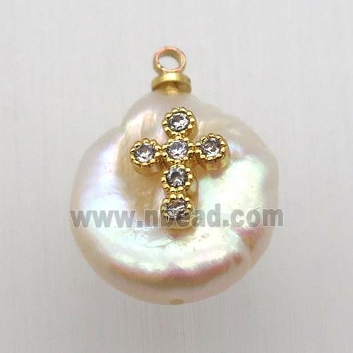 Natural pearl pendant with zircon, cross
