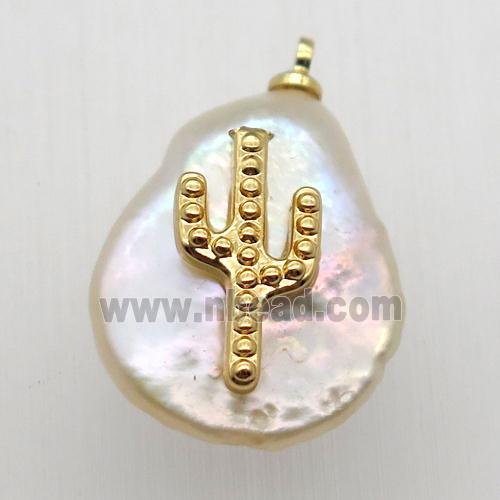 Natural pearl pendant with zircon, cacutus