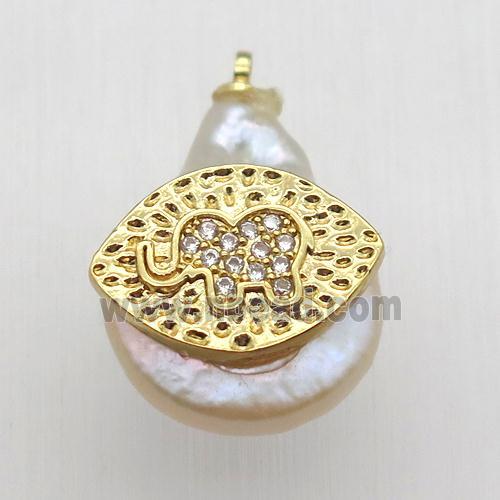 Natural pearl pendant with zircon, elephant