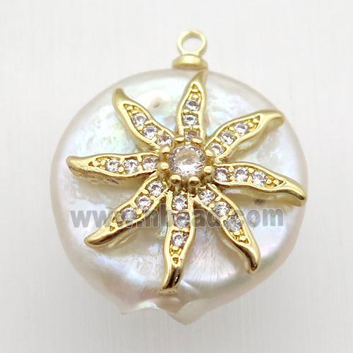 Natural pearl pendant with zircon, flower