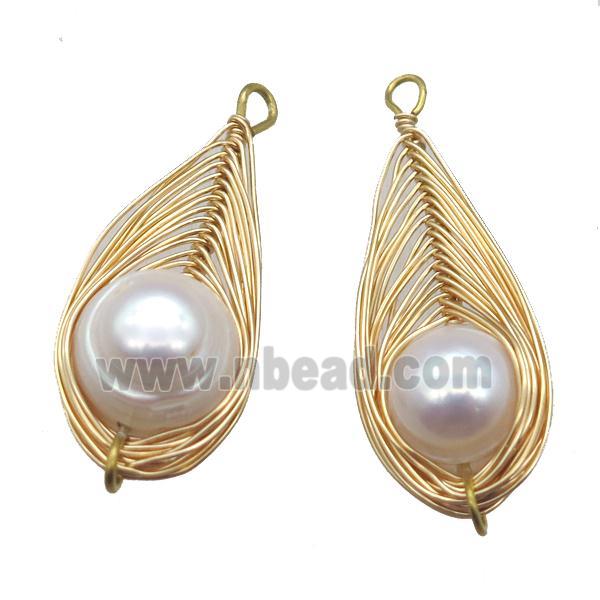 copper pendant with pearl, gold plated, wire wrapped