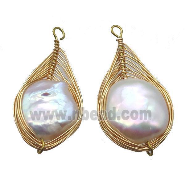 copper pendant with pearl, gold plated, wire wrapped