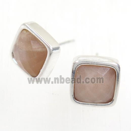 peach Moonstone earring studs, square, platinum plated