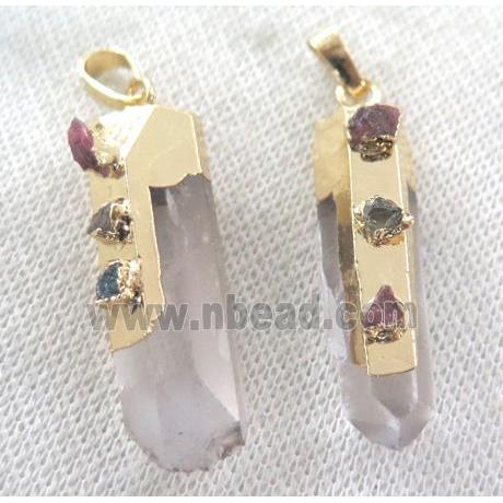 clear quartz pendant paved tourmaline, stick, gold plated