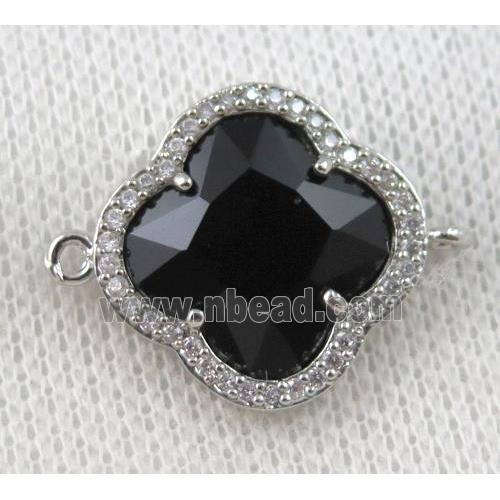 black crystal glass four-leaf Clover connector paved zircon, platinum plated