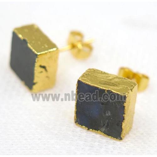 Labradorite earring stud, square, gold plated
