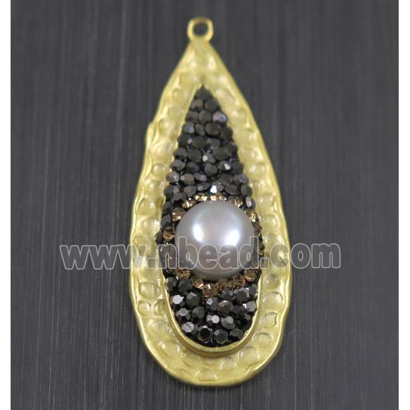white Pearl pendant pave rhinestone, copper, teardrop, duck silver plated