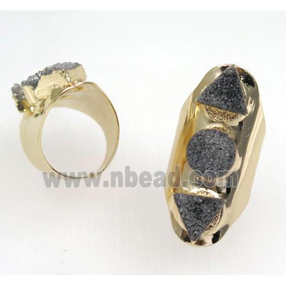 gray druzy quartz ring, gold plated