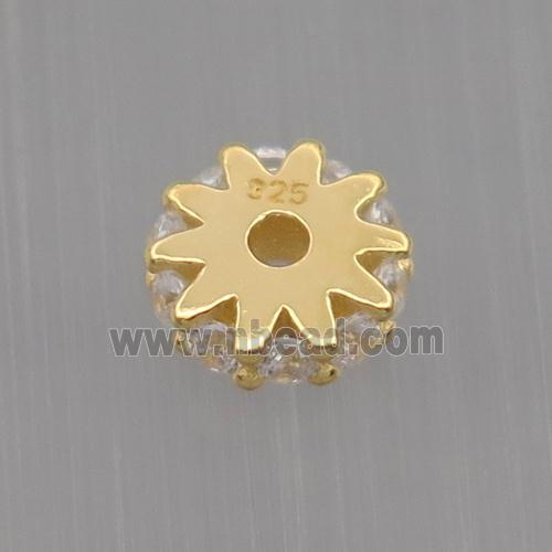 Sterling Silver beads paved zircon, rondelle, gold plated