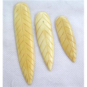 yellow cattle bone pendant without hole, leaf, approx 18-65mm