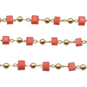 copper chain with red crystal glass cube beads, gold plated, approx 2.5mm