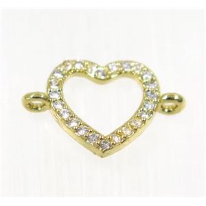 copper Heart connector paved zircon, gold plated, approx 11mm wide