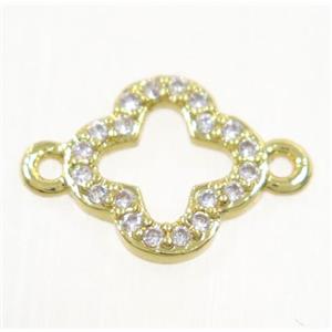 copper four-leaf Clover connector paved zircon, gold plated, approx 10mm dia