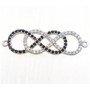double infinity copper connector paved zircon, platinum plated, approx 9x25mm