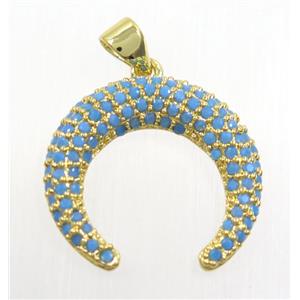 copper Crescent moon pendant paved zircon, gold plated, turq, approx 20mm dia