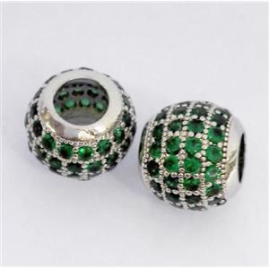 Copper bead paved zircon, round, platinum plated, approx 10x12mm, 6mm hole