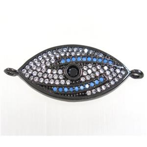 copper oval connector paved zircon with evil eye, black plated, approx 13x24mm