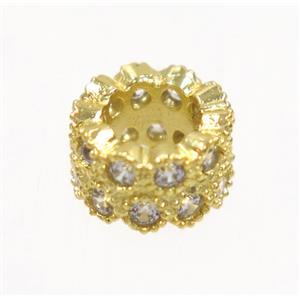 copper rondelle beads paved zircon, gold plated, approx 8mm dia, 4mm hole