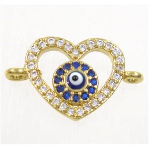 copper heart connector paved zircon with evil eye, gold plated, approx 12-13mm