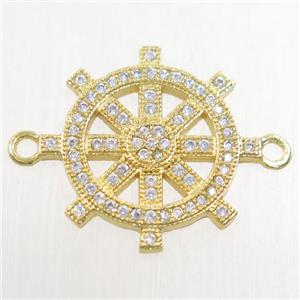copper ship helm connector paved zircon, gold plated, approx 19mm dia