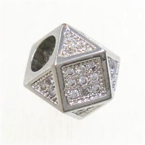 copper beads paved zircon, cube, platinum plated, approx 8mm, 4mm hole