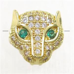 copper foxHead beads paved zircon, gold plated, approx 11mm