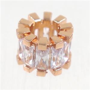 European style copper beads paved zircon, tube, rose gold, approx 7-11mm, 5mm hole