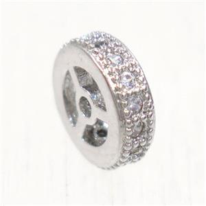 copper beads paved zircon, rondelle, platinum plated, approx 6.5mm dia