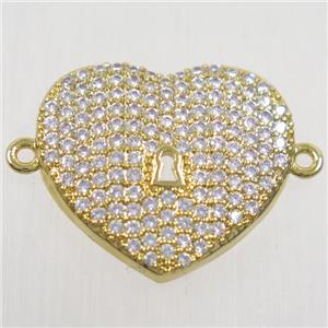 copper heart connector paved zircon, gold plated, approx 16-18mm