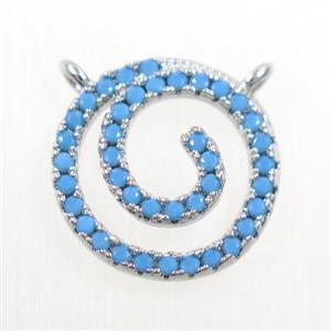 copper circle pendant paved zircon, turq, platinum plated, approx 13mm dia