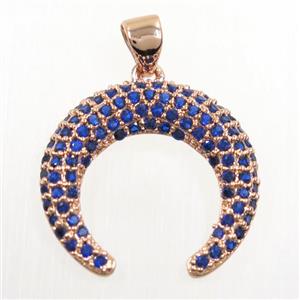 copper crescent moon pendant paved blue zircon, rose gold, approx 20mm dia