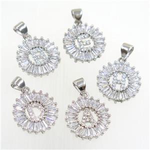 copper alphabet pendant paved zircon, platinum plated, approx 15mm dia, mixed
