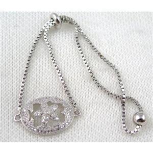 copper bracelet paved zircon, platinum plated, approx 10-20mm bead, 25mm length