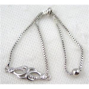 copper bracelet paved zircon, platinum plated, approx 10-20mm bead, 25mm length