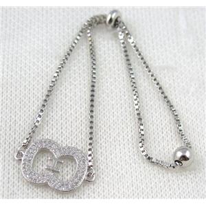 copper bracelet paved zircon, platinum plated, approx 10-20mm bead, 25mm length