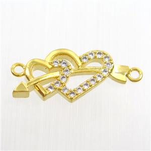 copper pendant paved zircon, cupids arrow, gold plated, approx 10-22mm