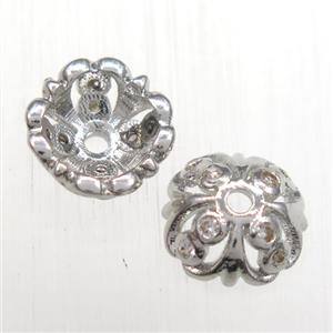 copper beadcaps paved zircon, platinum plated, approx 12mm dia