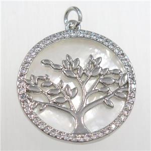 copper circle pendant paved zircon, tree of life, platinum plated, approx 21mm dia